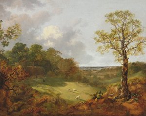 Paysage boisé avec une chaumière, des moutons et un berger allongé